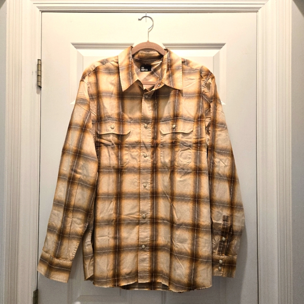 NWT The Kooples Shirt Men's L Neutral Plaid Button-Up Pearl Snap Raw Hem Cotton